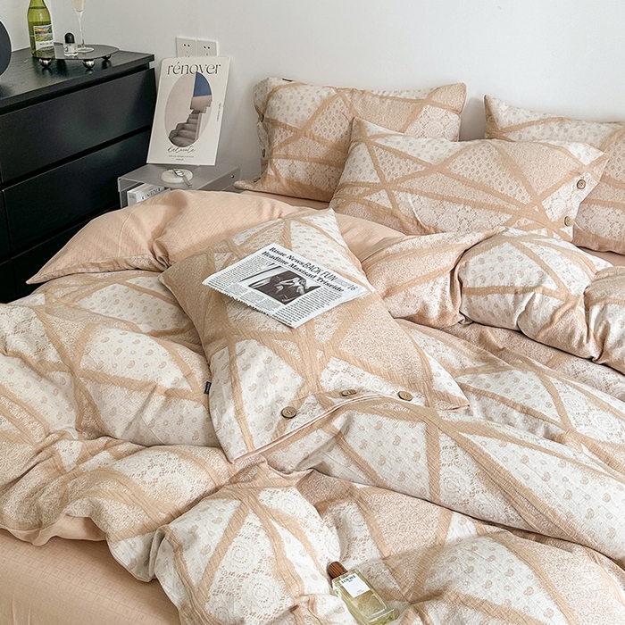 91家纺网 家纺一手货源 找家纺 贝尔 PELLHOME 全棉三层纱提花四件套-埃菲尔系列AB版均为全棉提花面料（可抖音代发） 埃菲尔-咖