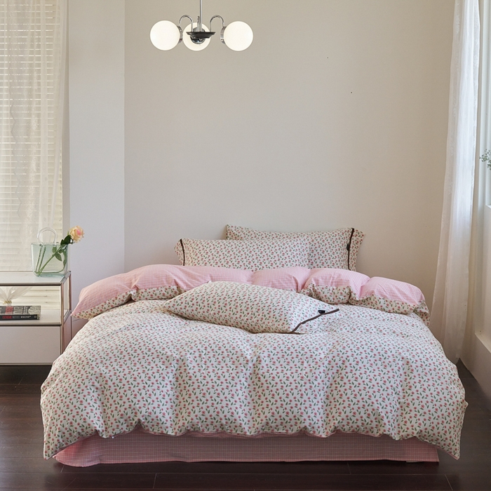 91家纺网 家纺一手货源 找家纺 贝尔 PELLHOME 全棉13376水洗+全棉色织水洗棉-织带款四件套（可抖音代发） 柔和桃