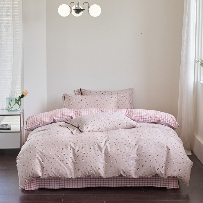 91家纺网 家纺一手货源 找家纺 贝尔 PELLHOME 全棉13376水洗+全棉色织水洗棉-织带款四件套（可抖音代发） 樱桃粉