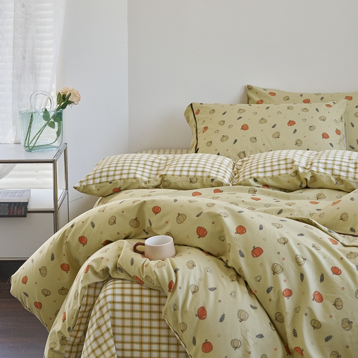 91家纺网 家纺一手货源 找家纺 贝尔 PELLHOME 全棉13376水洗+全棉色织水洗棉-织带款四件套（可抖音代发） 贝贝南瓜