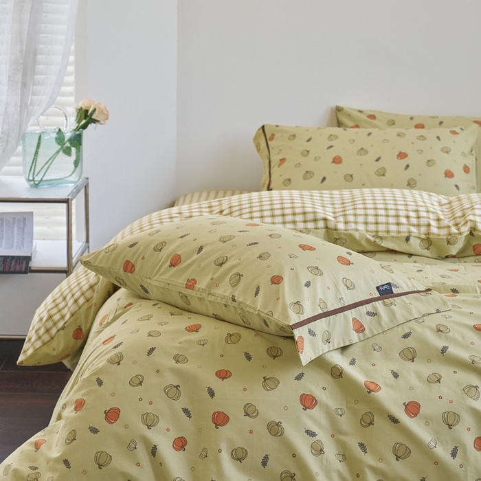 91家纺网 家纺一手货源 找家纺 贝尔 PELLHOME 全棉13376水洗+全棉色织水洗棉-织带款四件套（可抖音代发） 贝贝南瓜