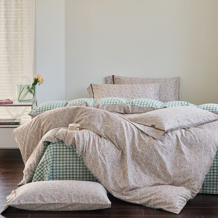 91家纺网 家纺一手货源 找家纺 贝尔 PELLHOME 全棉13376水洗+全棉色织水洗棉-织带款四件套（可抖音代发） 丁香粉紫