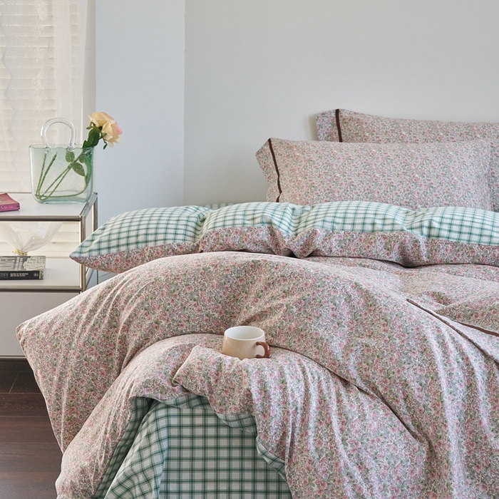 91家纺网 家纺一手货源 找家纺 贝尔 PELLHOME 全棉13376水洗+全棉色织水洗棉-织带款四件套（可抖音代发） 丁香粉紫