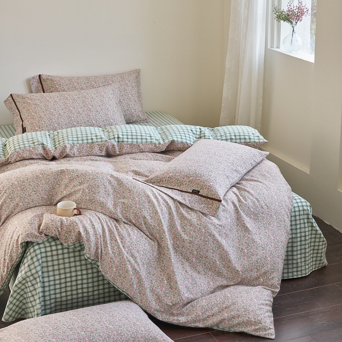 91家纺网 家纺一手货源 找家纺 贝尔 PELLHOME 全棉13376水洗+全棉色织水洗棉-织带款四件套（可抖音代发） 丁香粉紫