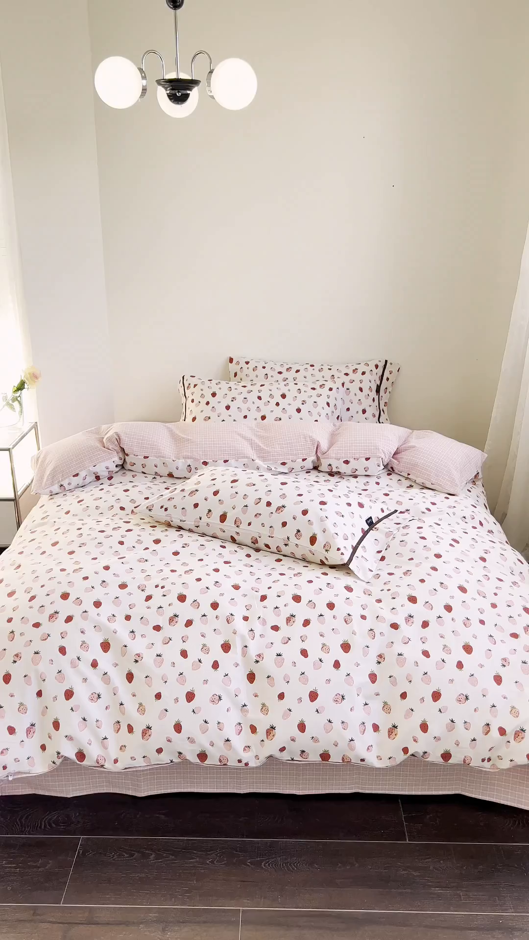 91家纺网 家纺一手货源 找家纺 贝尔 PELLHOME 全棉13376水洗+全棉色织水洗棉-织带款四件套（可抖音代发） 粉钻草莓