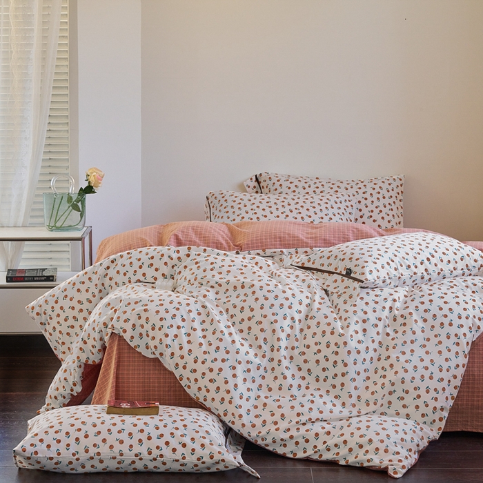 91家纺网 家纺一手货源 找家纺 贝尔 PELLHOME 全棉13376水洗+全棉色织水洗棉-织带款四件套（可抖音代发） 柑橙橘