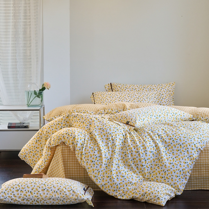 91家纺网 家纺一手货源 找家纺 贝尔 PELLHOME 全棉13376水洗+全棉色织水洗棉-织带款四件套（可抖音代发） 柠檬糖黄