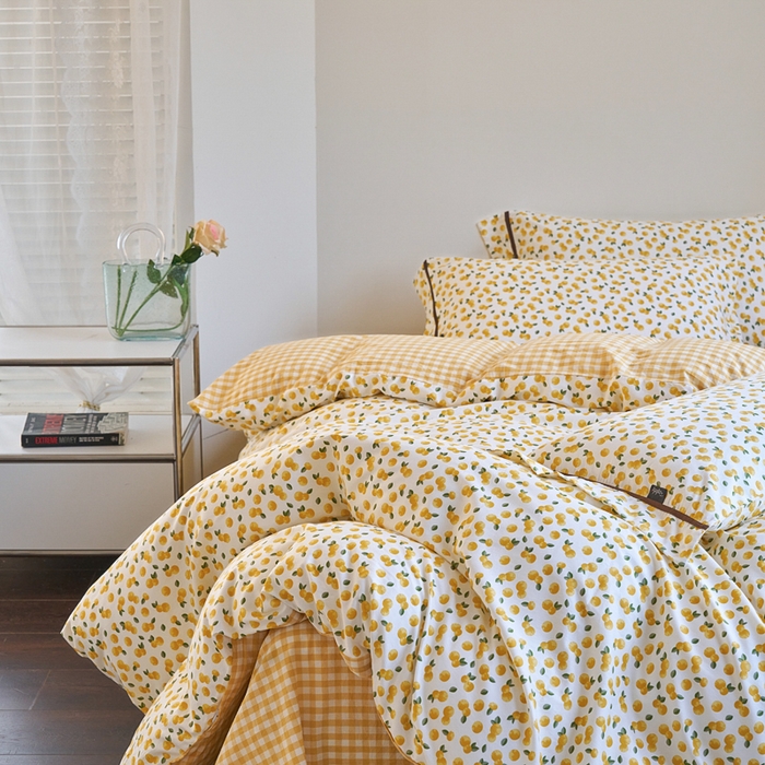 91家纺网 家纺一手货源 找家纺 贝尔 PELLHOME 全棉13376水洗+全棉色织水洗棉-织带款四件套（可抖音代发） 柠檬糖黄