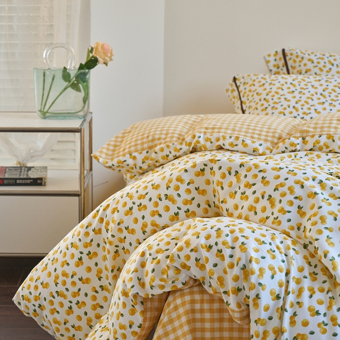 91家纺网 家纺一手货源 找家纺 贝尔 PELLHOME 全棉13376水洗+全棉色织水洗棉-织带款四件套（可抖音代发） 柠檬糖黄