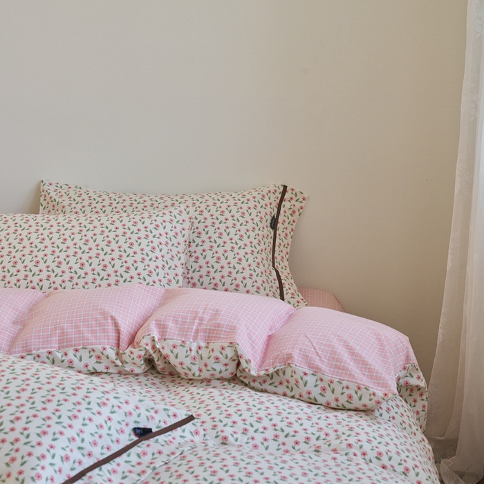 91家纺网 家纺一手货源 找家纺 贝尔 PELLHOME 全棉13376水洗+全棉色织水洗棉-织带款四件套（可抖音代发） 柔和桃