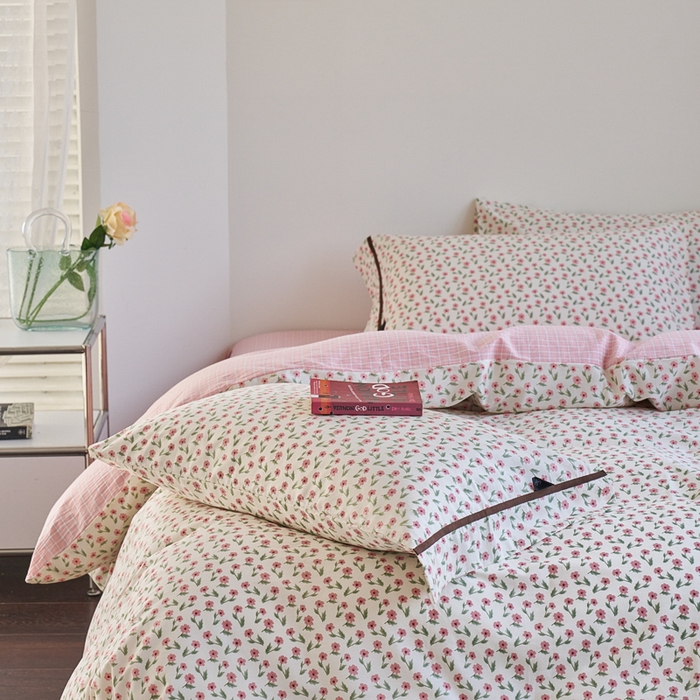 91家纺网 家纺一手货源 找家纺 贝尔 PELLHOME 全棉13376水洗+全棉色织水洗棉-织带款四件套（可抖音代发） 柔和桃