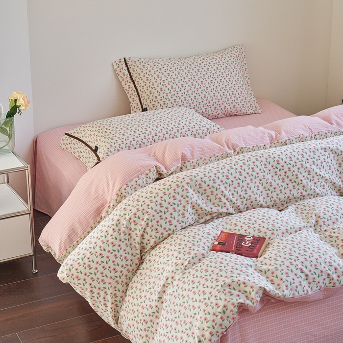 91家纺网 家纺一手货源 找家纺 贝尔 PELLHOME 全棉13376水洗+全棉色织水洗棉-织带款四件套（可抖音代发） 柔和桃