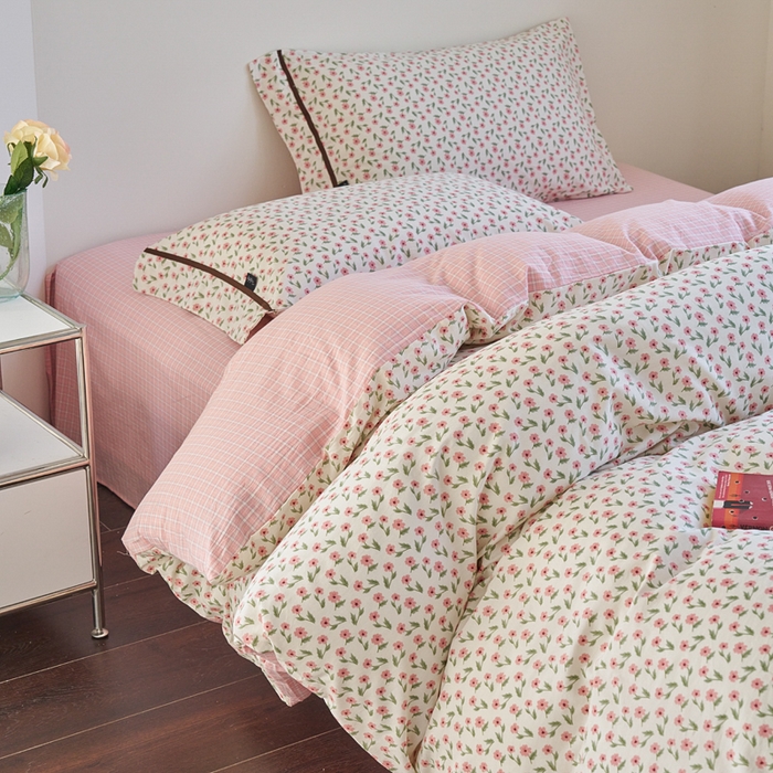 91家纺网 家纺一手货源 找家纺 贝尔 PELLHOME 全棉13376水洗+全棉色织水洗棉-织带款四件套（可抖音代发） 柔和桃