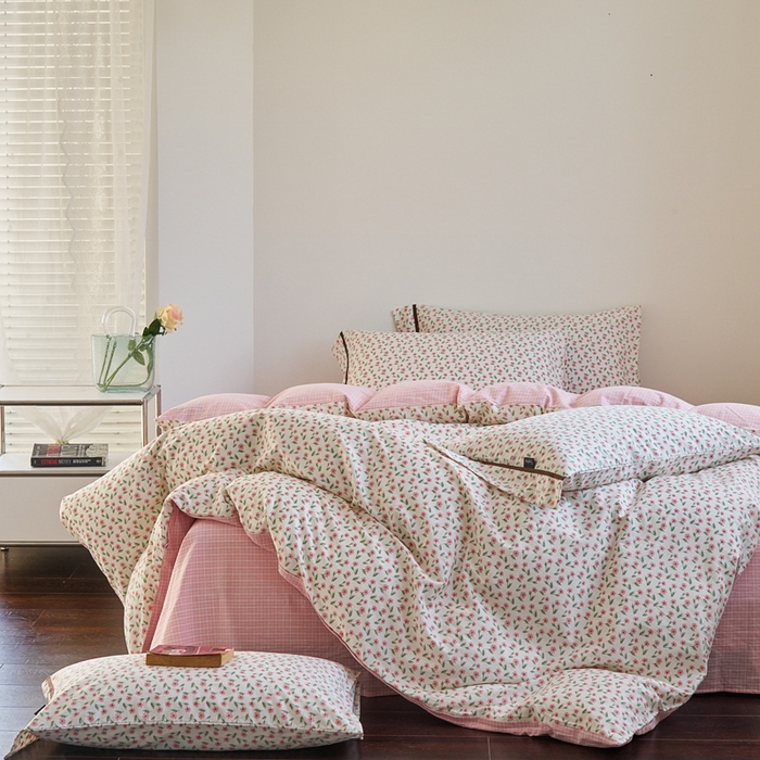 91家纺网 家纺一手货源 找家纺 贝尔 PELLHOME 全棉13376水洗+全棉色织水洗棉-织带款四件套（可抖音代发） 柔和桃