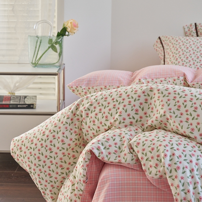 91家纺网 家纺一手货源 找家纺 贝尔 PELLHOME 全棉13376水洗+全棉色织水洗棉-织带款四件套（可抖音代发） 柔和桃