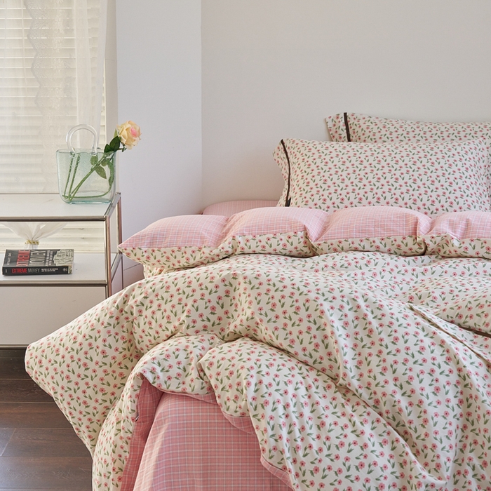 91家纺网 家纺一手货源 找家纺 贝尔 PELLHOME 全棉13376水洗+全棉色织水洗棉-织带款四件套（可抖音代发） 柔和桃