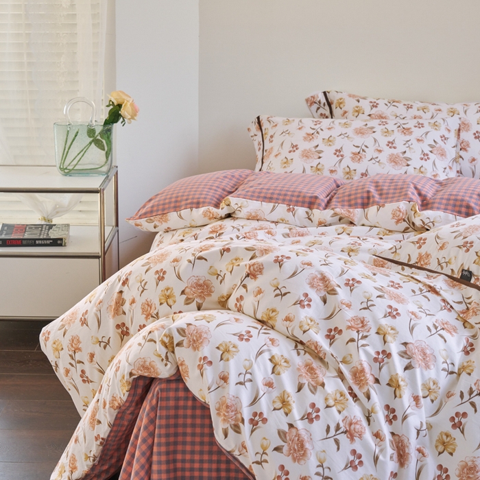 91家纺网 家纺一手货源 找家纺 贝尔 PELLHOME 全棉13376水洗+全棉色织水洗棉-织带款四件套（可抖音代发） 沙漠花粉红