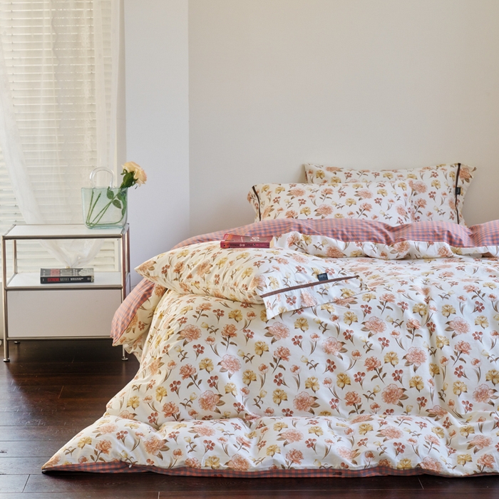 91家纺网 家纺一手货源 找家纺 贝尔 PELLHOME 全棉13376水洗+全棉色织水洗棉-织带款四件套（可抖音代发） 沙漠花粉红