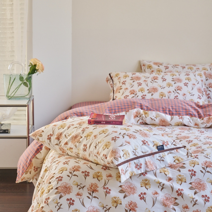 91家纺网 家纺一手货源 找家纺 贝尔 PELLHOME 全棉13376水洗+全棉色织水洗棉-织带款四件套（可抖音代发） 沙漠花粉红