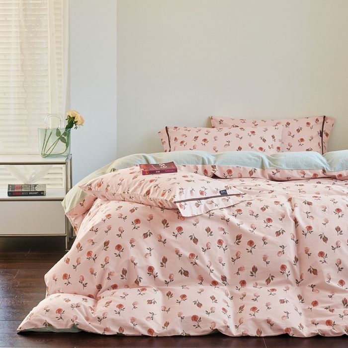 91家纺网 家纺一手货源 找家纺 贝尔 PELLHOME 全棉13376水洗+全棉色织水洗棉-织带款四件套（可抖音代发） 烟仃玫瑰-粉