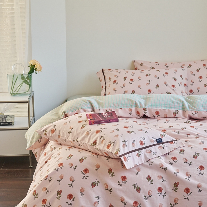 91家纺网 家纺一手货源 找家纺 贝尔 PELLHOME 全棉13376水洗+全棉色织水洗棉-织带款四件套（可抖音代发） 烟仃玫瑰-粉