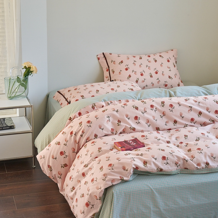 91家纺网 家纺一手货源 找家纺 贝尔 PELLHOME 全棉13376水洗+全棉色织水洗棉-织带款四件套（可抖音代发） 烟仃玫瑰-粉