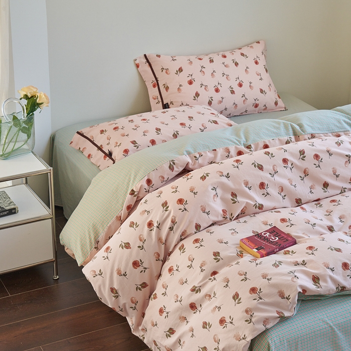 91家纺网 家纺一手货源 找家纺 贝尔 PELLHOME 全棉13376水洗+全棉色织水洗棉-织带款四件套（可抖音代发） 烟仃玫瑰-粉