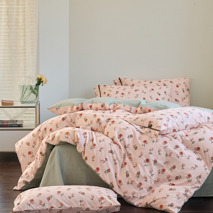 91家纺网 家纺一手货源 找家纺 贝尔 PELLHOME 全棉13376水洗+全棉色织水洗棉-织带款四件套（可抖音代发） 烟仃玫瑰-粉