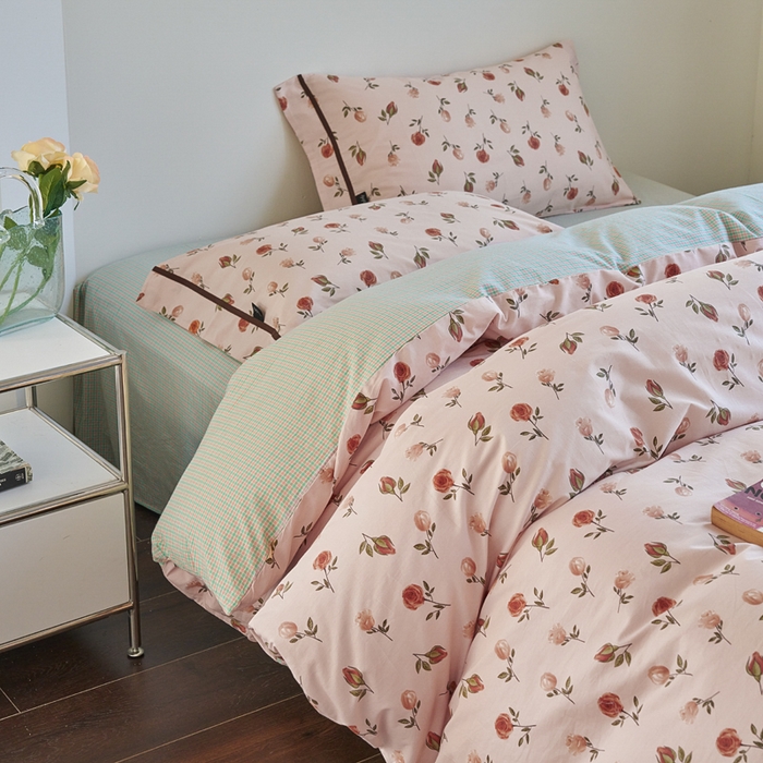 91家纺网 家纺一手货源 找家纺 贝尔 PELLHOME 全棉13376水洗+全棉色织水洗棉-织带款四件套（可抖音代发） 烟仃玫瑰-粉