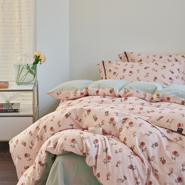 91家纺网 家纺一手货源 找家纺 贝尔 PELLHOME 全棉13376水洗+全棉色织水洗棉-织带款四件套（可抖音代发） 烟仃玫瑰-粉