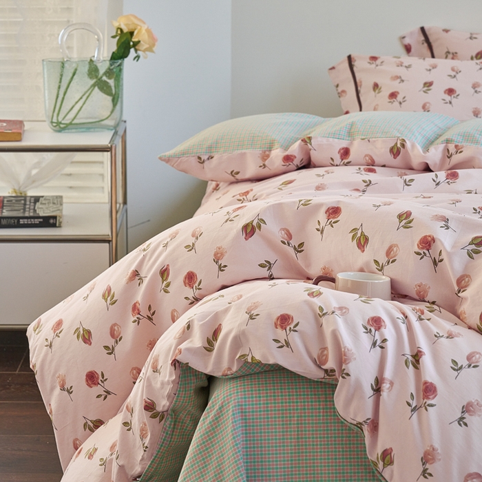 91家纺网 家纺一手货源 找家纺 贝尔 PELLHOME 全棉13376水洗+全棉色织水洗棉-织带款四件套（可抖音代发） 烟仃玫瑰-粉