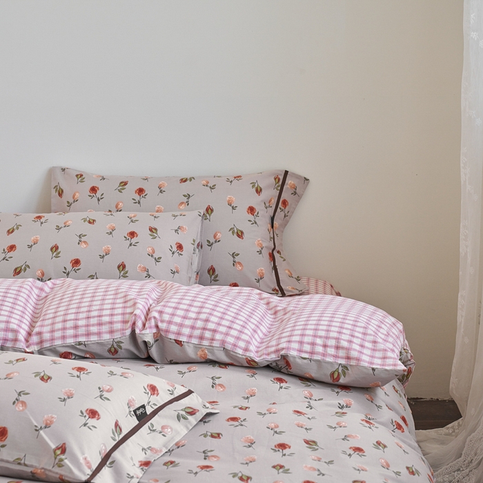 91家纺网 家纺一手货源 找家纺 贝尔 PELLHOME 全棉13376水洗+全棉色织水洗棉-织带款四件套（可抖音代发） 烟仃玫瑰-灰