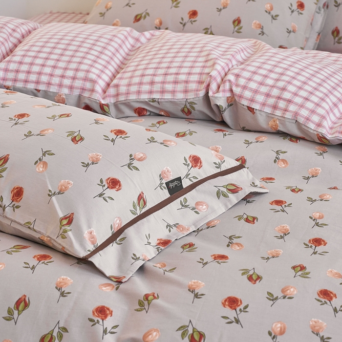 91家纺网 家纺一手货源 找家纺 贝尔 PELLHOME 全棉13376水洗+全棉色织水洗棉-织带款四件套（可抖音代发） 烟仃玫瑰-灰