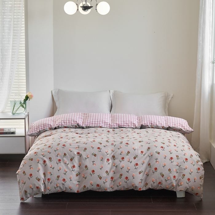 91家纺网 家纺一手货源 找家纺 贝尔 PELLHOME 全棉13376水洗+全棉色织水洗棉-织带款四件套（可抖音代发） 烟仃玫瑰-灰