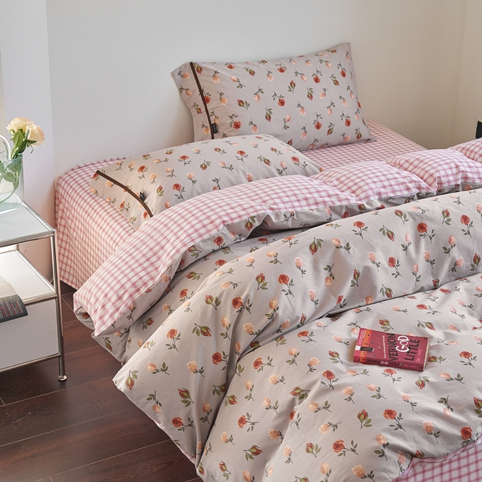 91家纺网 家纺一手货源 找家纺 贝尔 PELLHOME 全棉13376水洗+全棉色织水洗棉-织带款四件套（可抖音代发） 烟仃玫瑰-灰