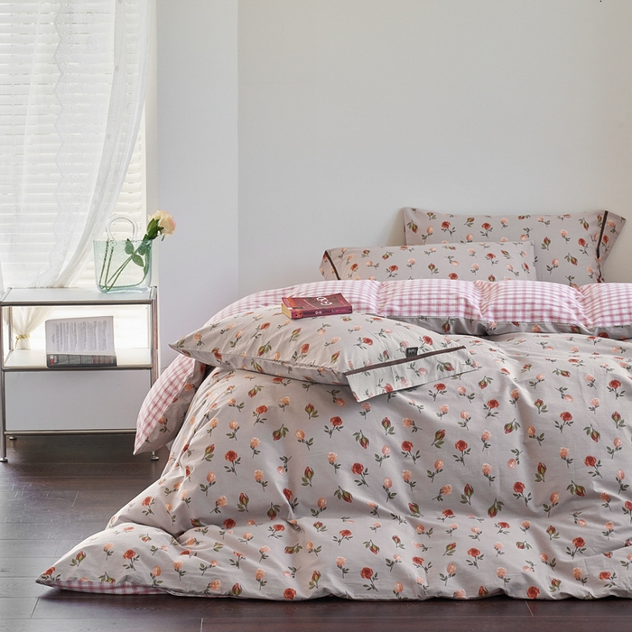 91家纺网 家纺一手货源 找家纺 贝尔 PELLHOME 全棉13376水洗+全棉色织水洗棉-织带款四件套（可抖音代发） 烟仃玫瑰-灰