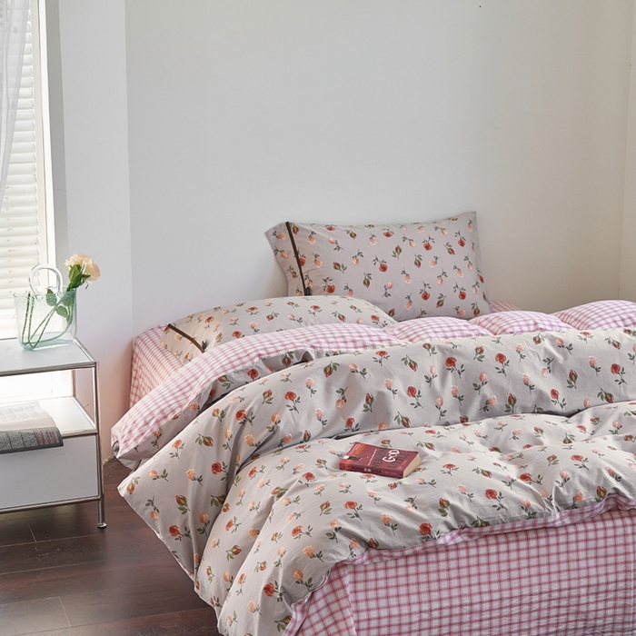 91家纺网 家纺一手货源 找家纺 贝尔 PELLHOME 全棉13376水洗+全棉色织水洗棉-织带款四件套（可抖音代发） 烟仃玫瑰-灰