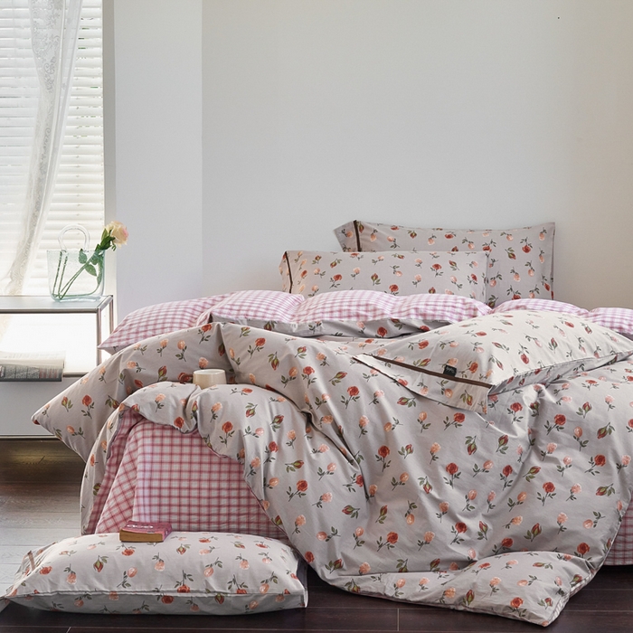 91家纺网 家纺一手货源 找家纺 贝尔 PELLHOME 全棉13376水洗+全棉色织水洗棉-织带款四件套（可抖音代发） 烟仃玫瑰-灰