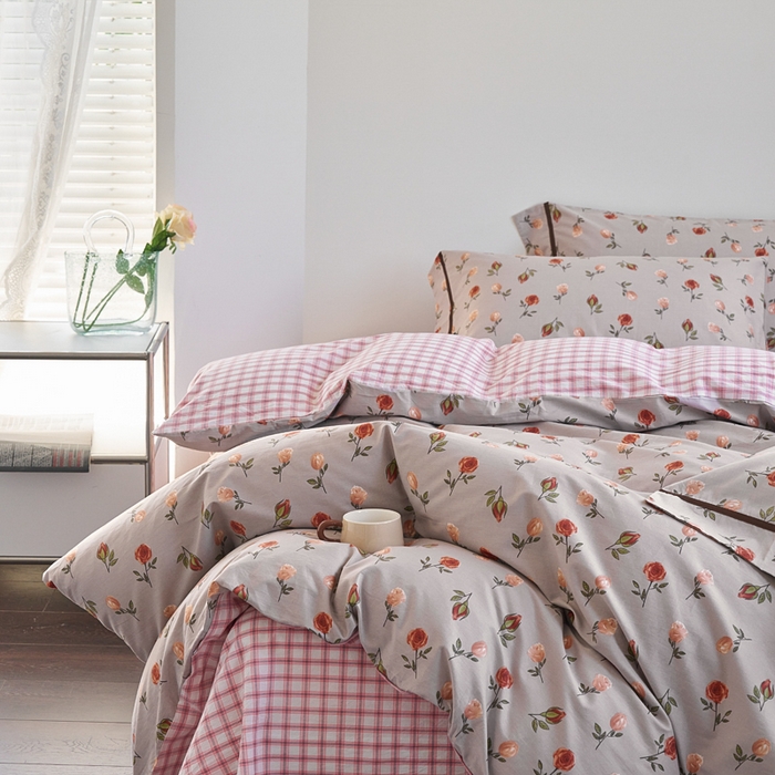 91家纺网 家纺一手货源 找家纺 贝尔 PELLHOME 全棉13376水洗+全棉色织水洗棉-织带款四件套（可抖音代发） 烟仃玫瑰-灰