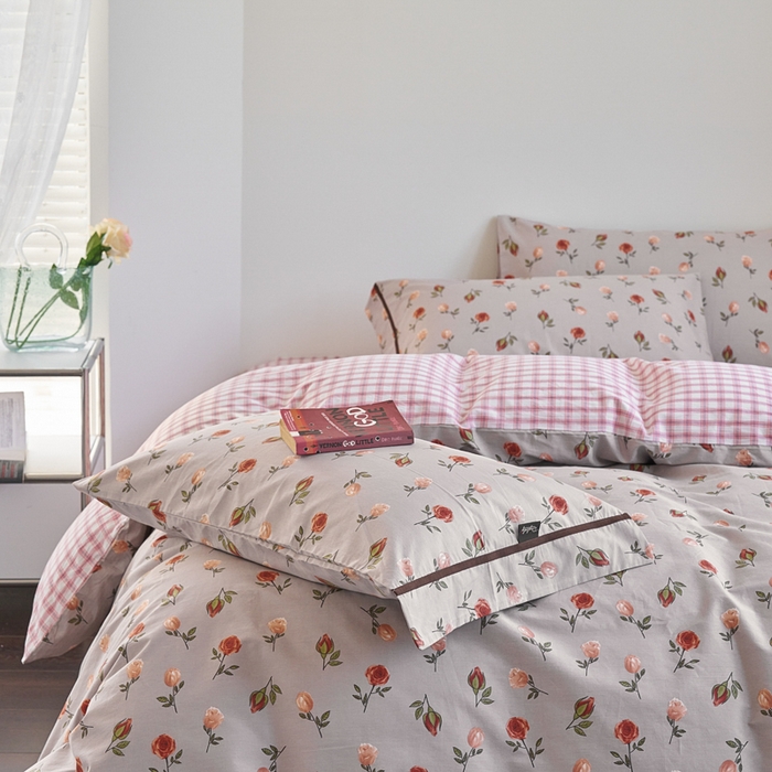 91家纺网 家纺一手货源 找家纺 贝尔 PELLHOME 全棉13376水洗+全棉色织水洗棉-织带款四件套（可抖音代发） 烟仃玫瑰-灰