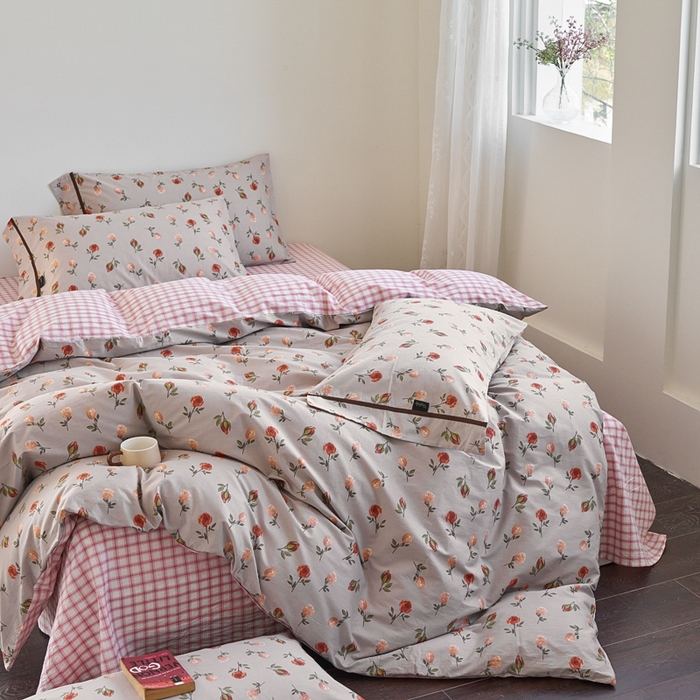 91家纺网 家纺一手货源 找家纺 贝尔 PELLHOME 全棉13376水洗+全棉色织水洗棉-织带款四件套（可抖音代发） 烟仃玫瑰-灰