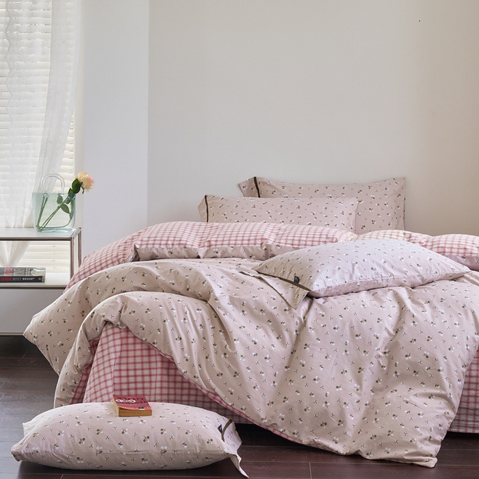 91家纺网 家纺一手货源 找家纺 贝尔 PELLHOME 全棉13376水洗+全棉色织水洗棉-织带款四件套（可抖音代发） 樱桃粉