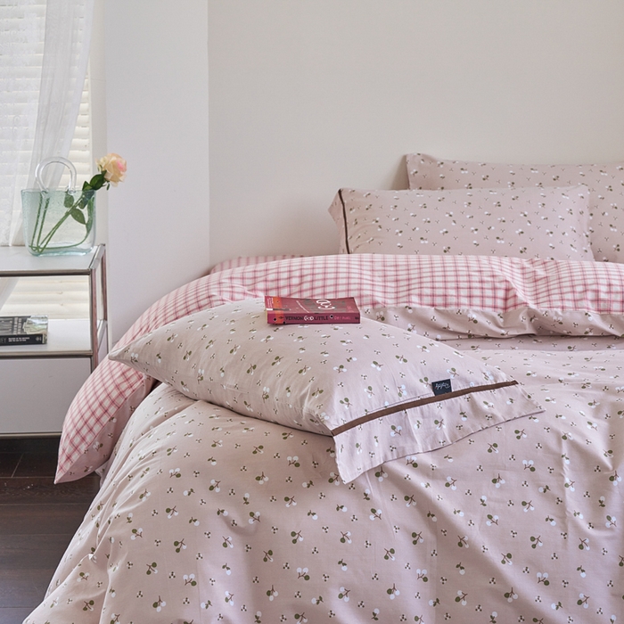 91家纺网 家纺一手货源 找家纺 贝尔 PELLHOME 全棉13376水洗+全棉色织水洗棉-织带款四件套（可抖音代发） 樱桃粉