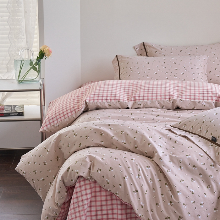 91家纺网 家纺一手货源 找家纺 贝尔 PELLHOME 全棉13376水洗+全棉色织水洗棉-织带款四件套（可抖音代发） 樱桃粉