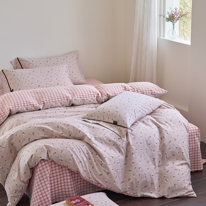 91家纺网 家纺一手货源 找家纺 贝尔 PELLHOME 全棉13376水洗+全棉色织水洗棉-织带款四件套（可抖音代发） 樱桃粉