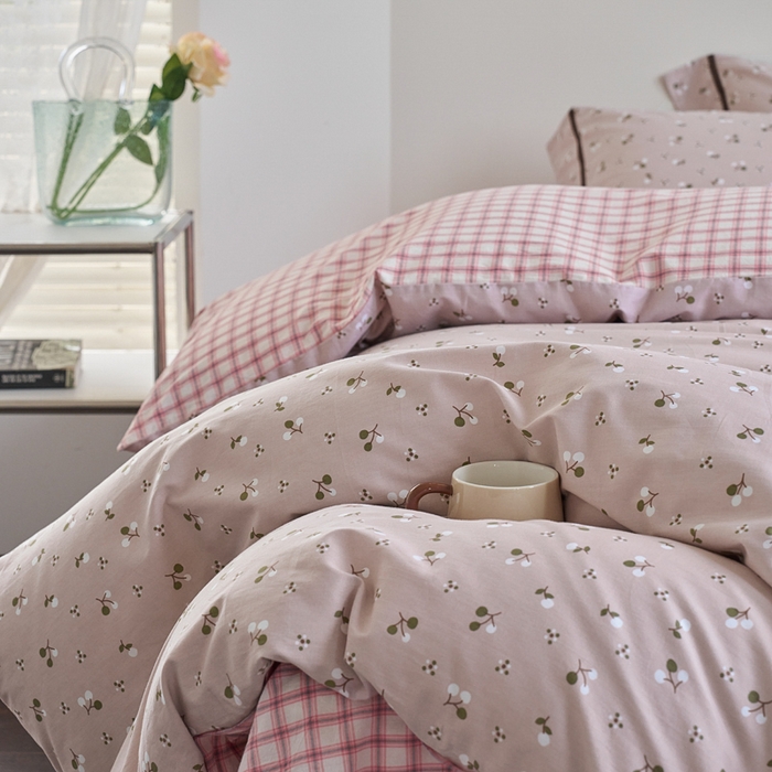 91家纺网 家纺一手货源 找家纺 贝尔 PELLHOME 全棉13376水洗+全棉色织水洗棉-织带款四件套（可抖音代发） 樱桃粉