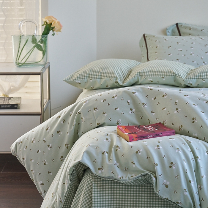 91家纺网 家纺一手货源 找家纺 贝尔 PELLHOME 全棉13376水洗+全棉色织水洗棉-织带款四件套（可抖音代发） 樱桃青柠