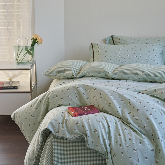 91家纺网 家纺一手货源 找家纺 贝尔 PELLHOME 全棉13376水洗+全棉色织水洗棉-织带款四件套（可抖音代发） 樱桃青柠