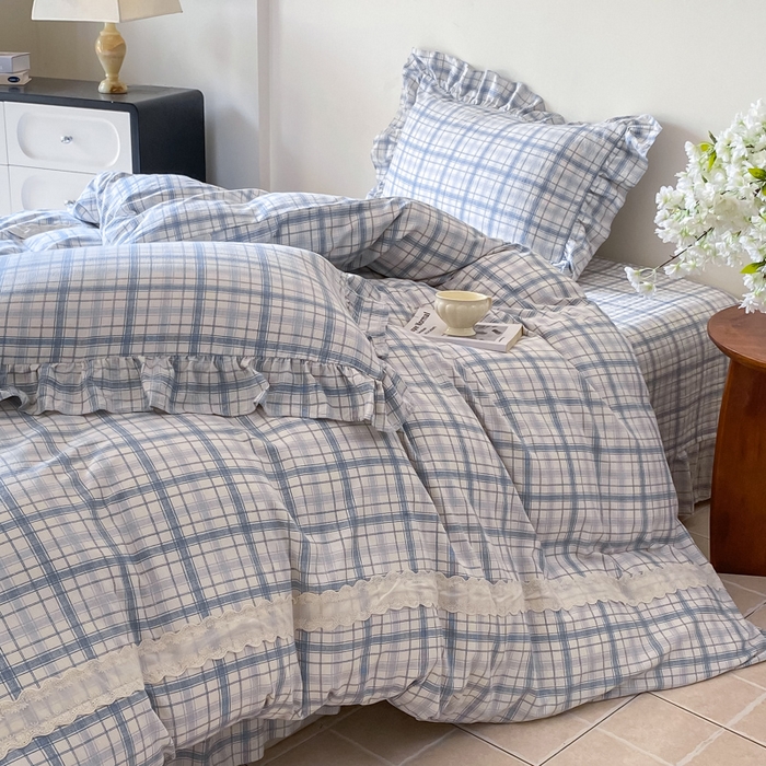 91家纺网 家纺一手货源 找家纺 欧尚 2025新款皱皱纱床盖四件套 蓝色格子
