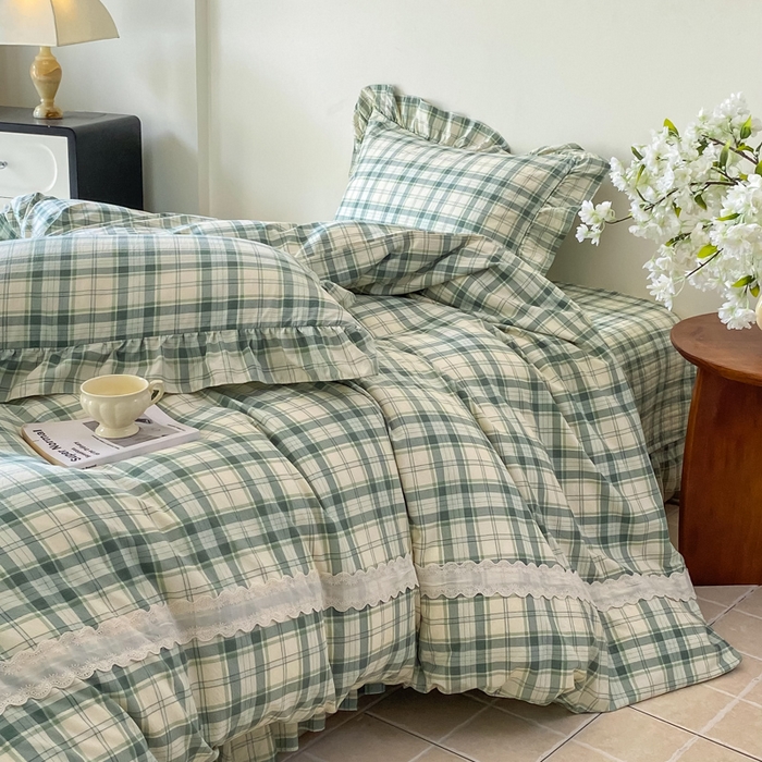 91家纺网 家纺一手货源 找家纺 欧尚 2025新款皱皱纱床盖四件套 绿色格子